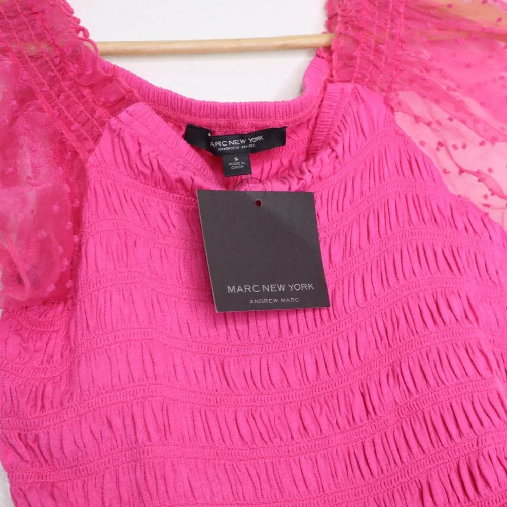 Marc New York Andrew Marc women's top small Smocked Mesh Flutter Sleeve pink nwt - Picture 3 of 8